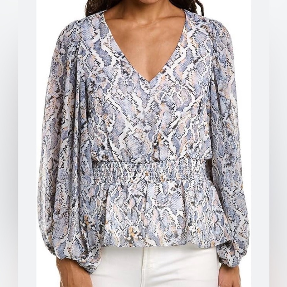Vince Camuto Blue Gray Snake-Print V-Neck Blouse